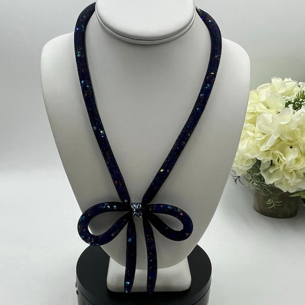 Betsey‎ Johnson Dark Glamour Blue Pink Purple Crystal Mesh Bow Ribbon Necklace